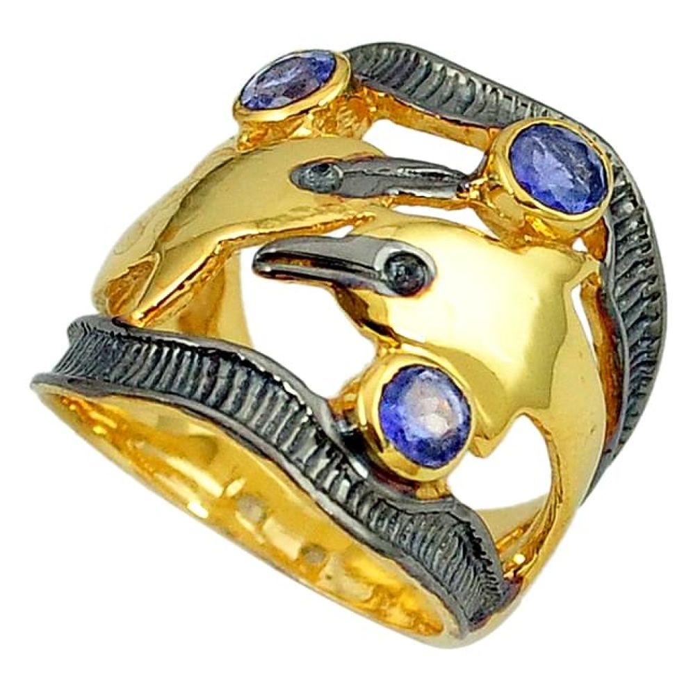 Natural blue iolite black rhodium 925 silver gold dolphin ring size 6.5 k36195