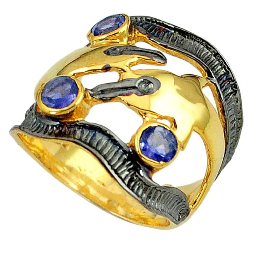 Natural blue iolite black rhodium 925 silver gold dolphin ring size 8 k36197