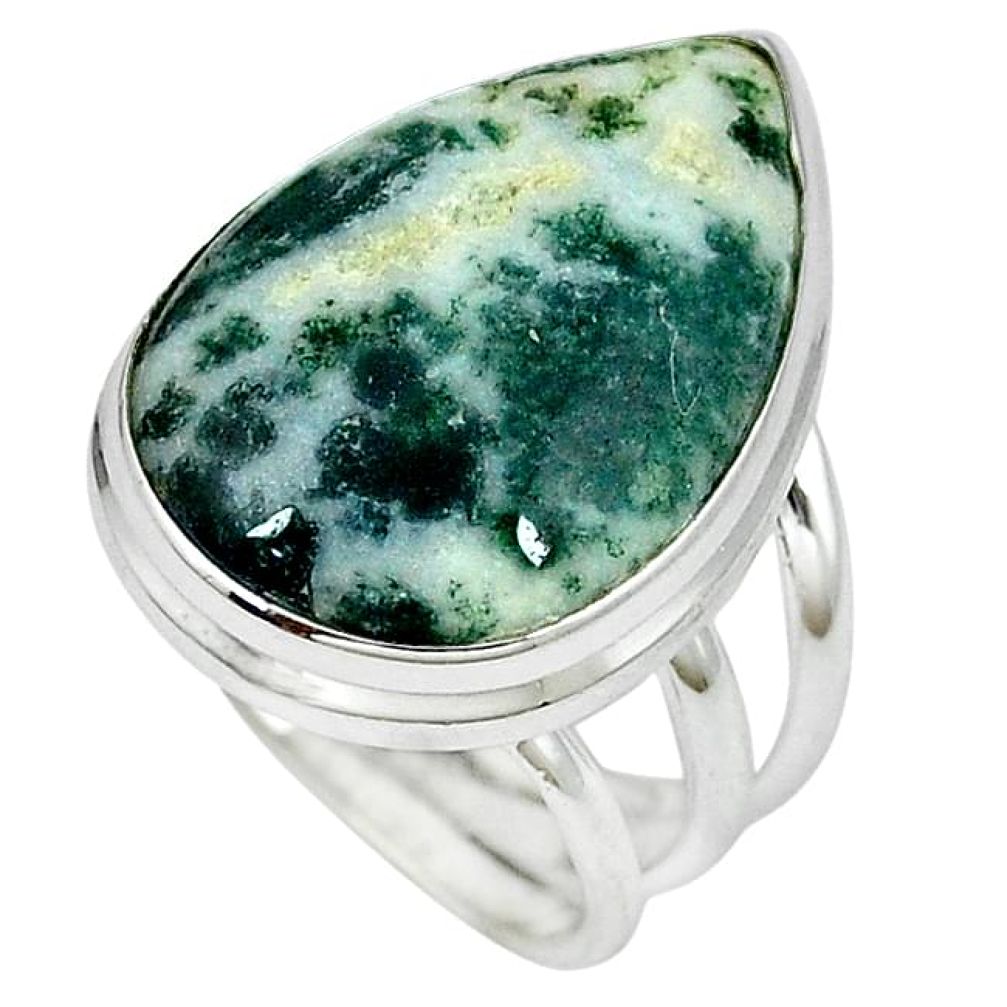 Natural white tree agate pear 925 sterling silver ring jewelry size 6 k38829