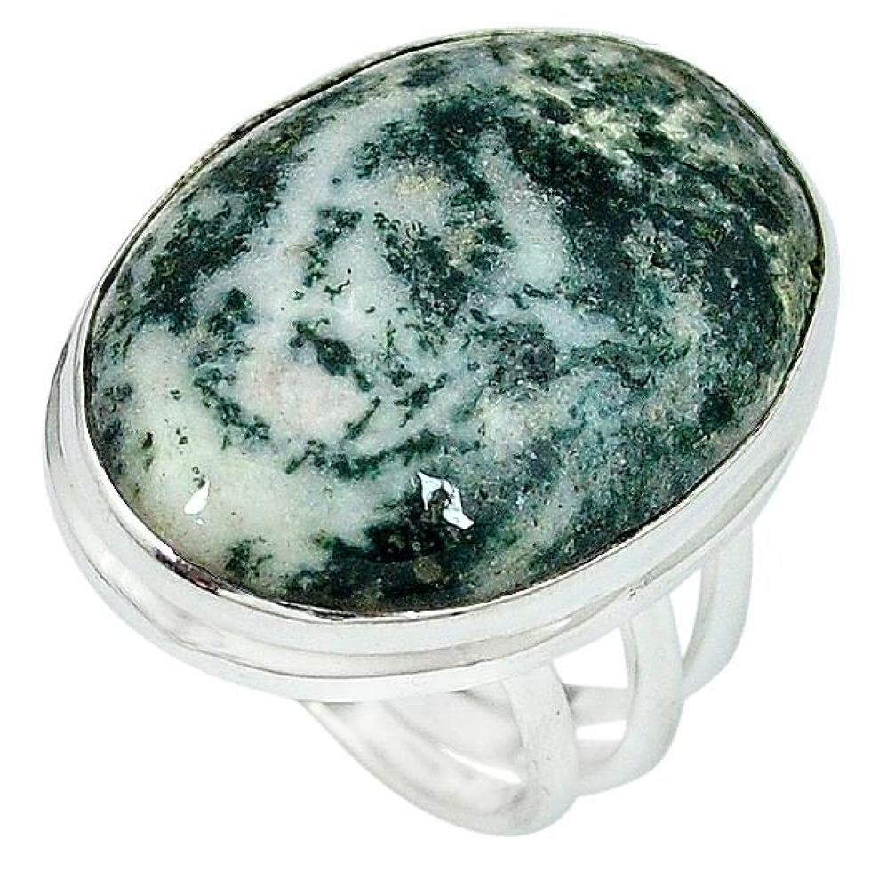 Natural white tree agate oval 925 sterling silver ring size 7.5 k38838