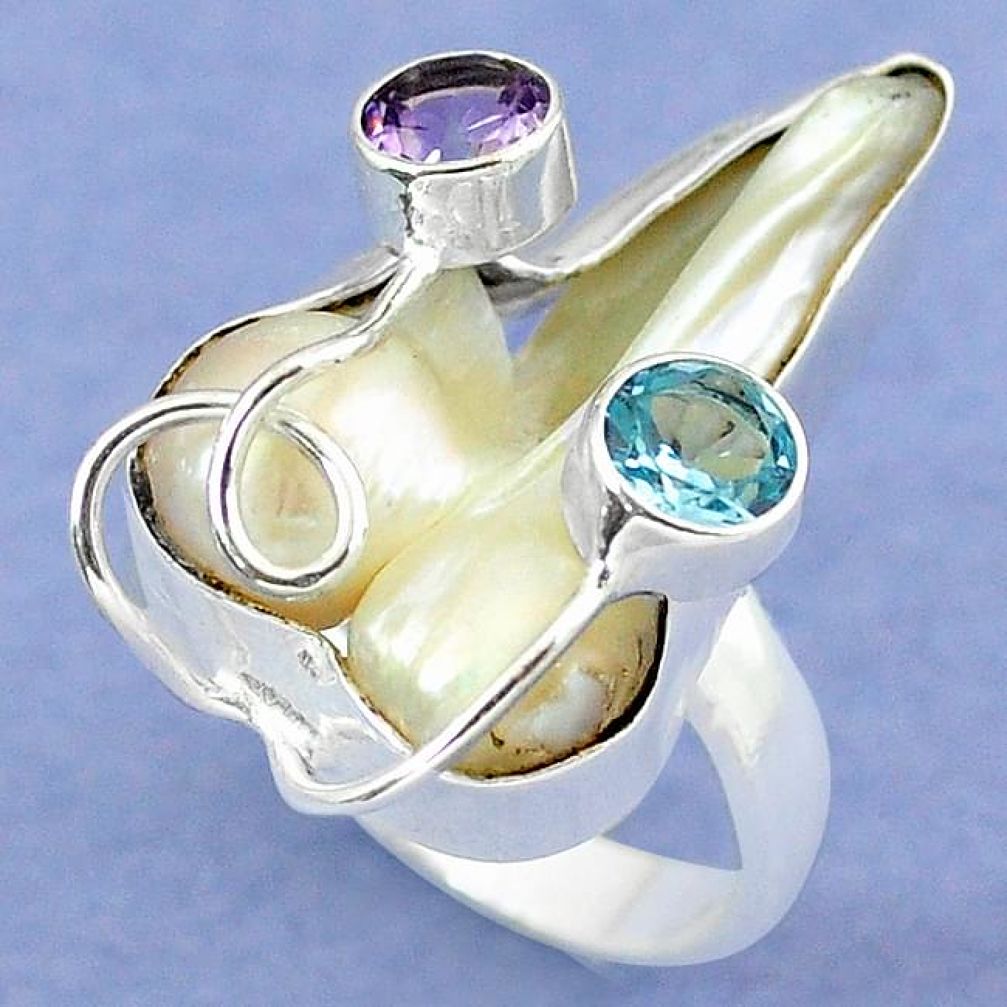 925 silver natural white mother of pearl amethyst ring jewelry size 8.5 k39443