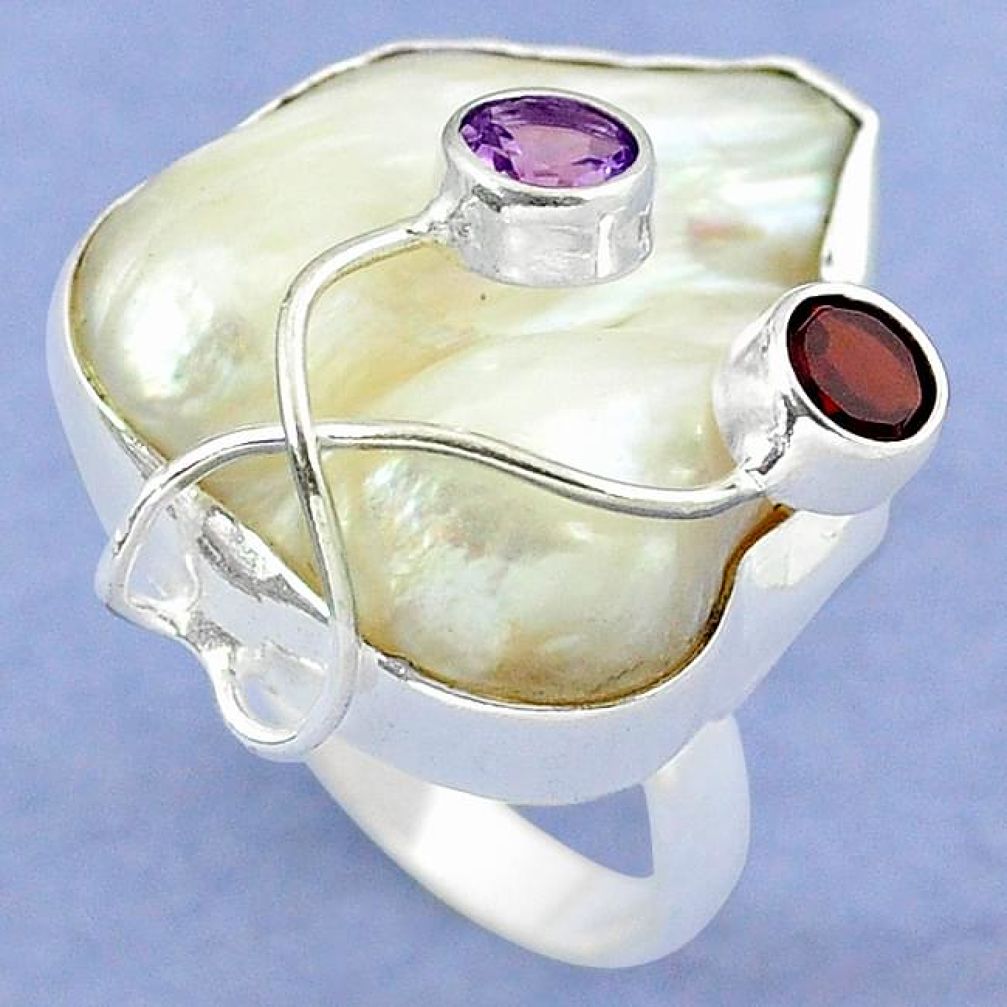 Natural white mother of pearl purple amethyst 925 silver ring size 9 k39445