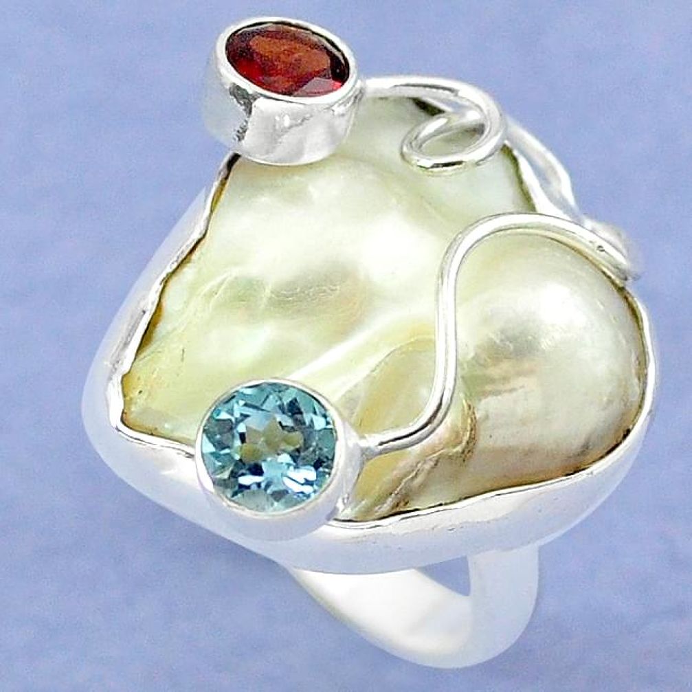 925 sterling silver natural white mother of pearl garnet ring size 9 k39446