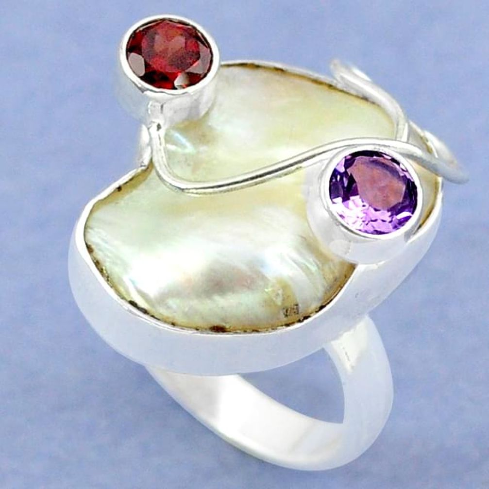 Natural white mother of pearl amethyst 925 silver ring jewelry size 9 k39447