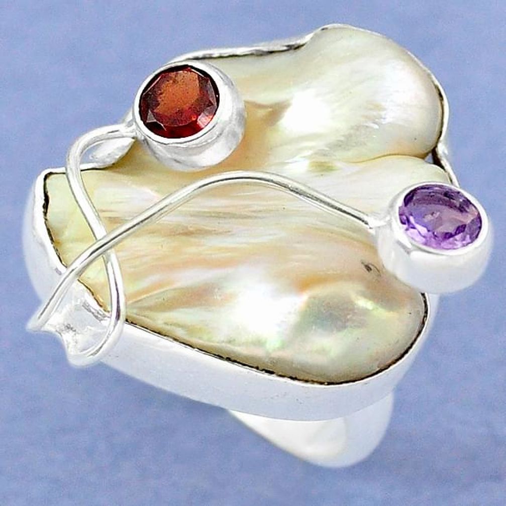 Natural white mother of pearl purple amethyst 925 silver ring size 8 k39448