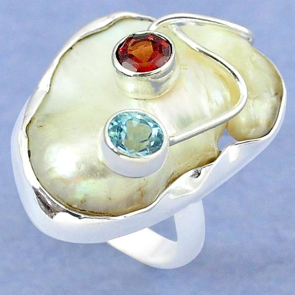 Natural white mother of pearl garnet 925 sterling silver ring size 7 k39449