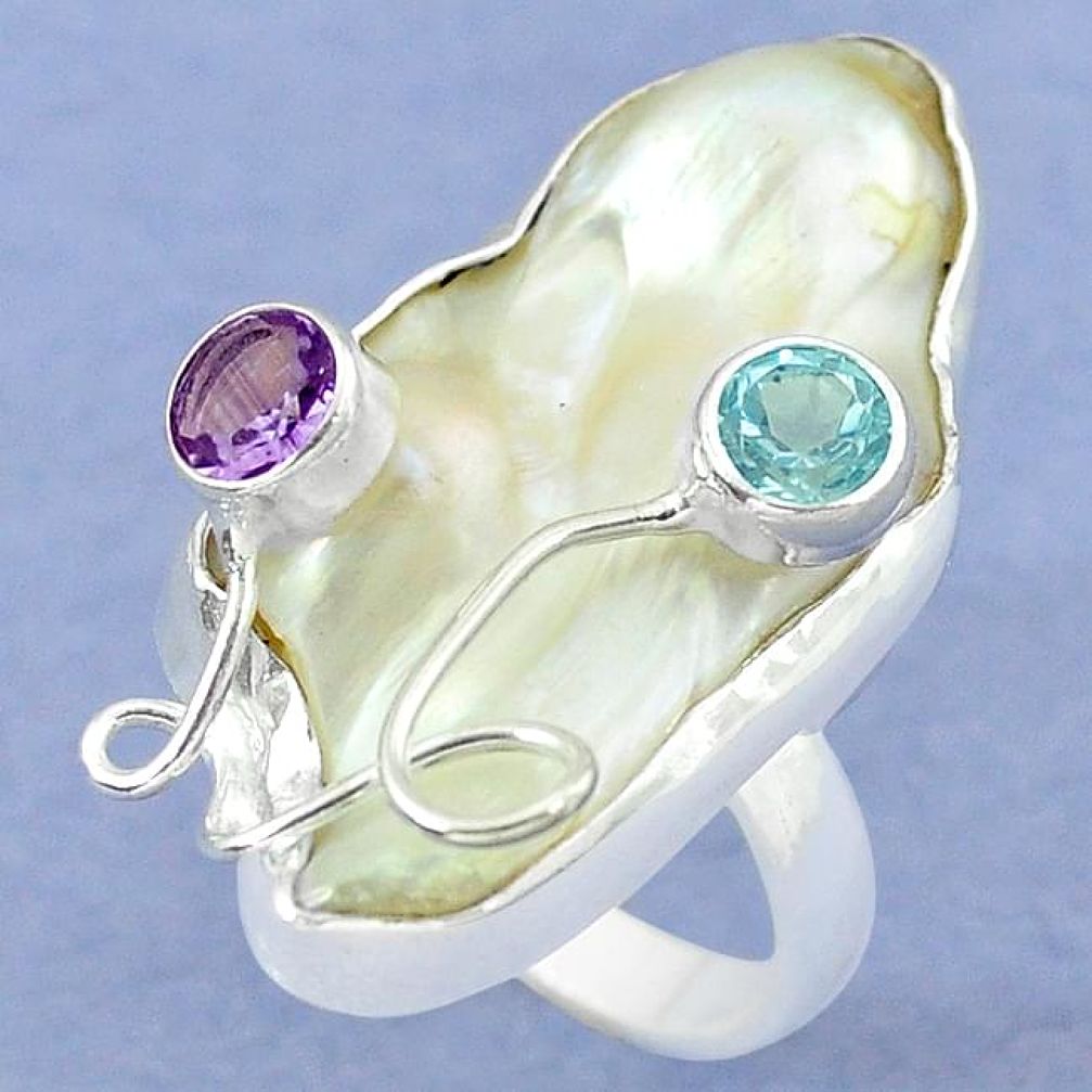 Natural white mother of pearl purple amethyst 925 silver ring size 7.5 k39452