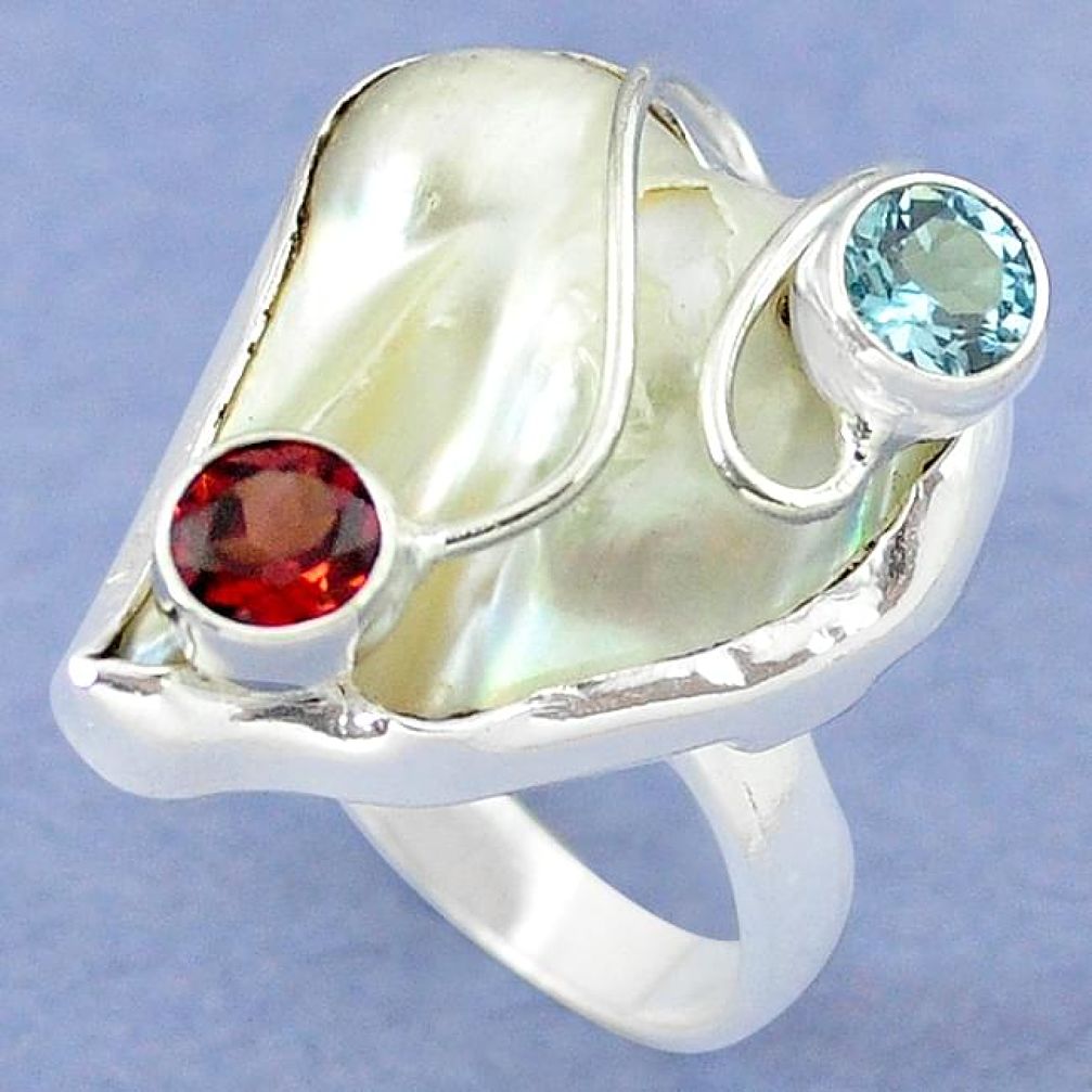 Natural white mother of pearl red garnet 925 silver ring size 7 k39453
