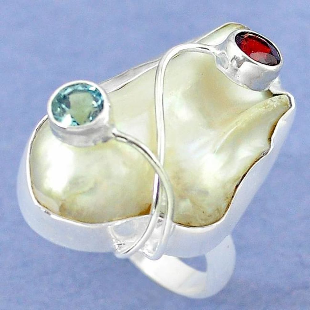 925 silver natural white mother of pearl red garnet ring jewelry size 8 k39454