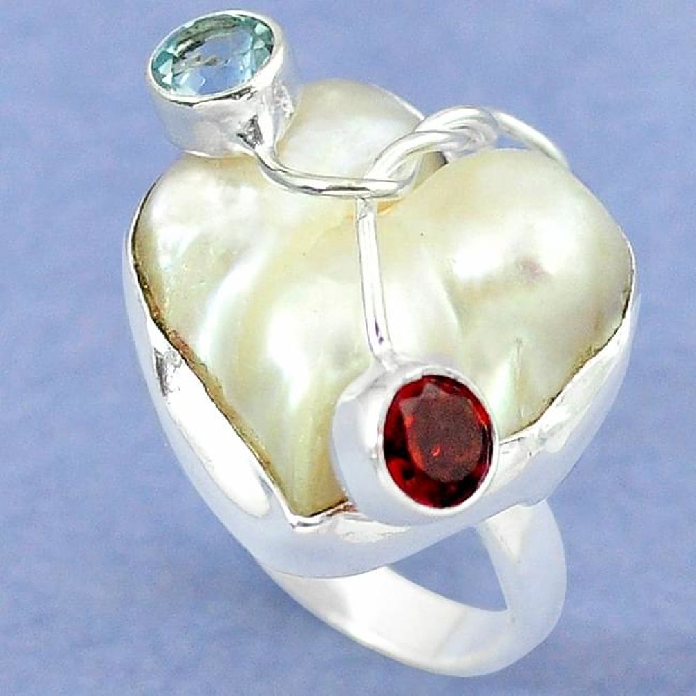 Natural white mother of pearl garnet 925 sterling silver ring size 6 k39456