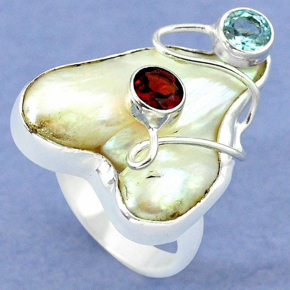 Natural white mother of pearl garnet 925 silver ring jewelry size 7 k39457