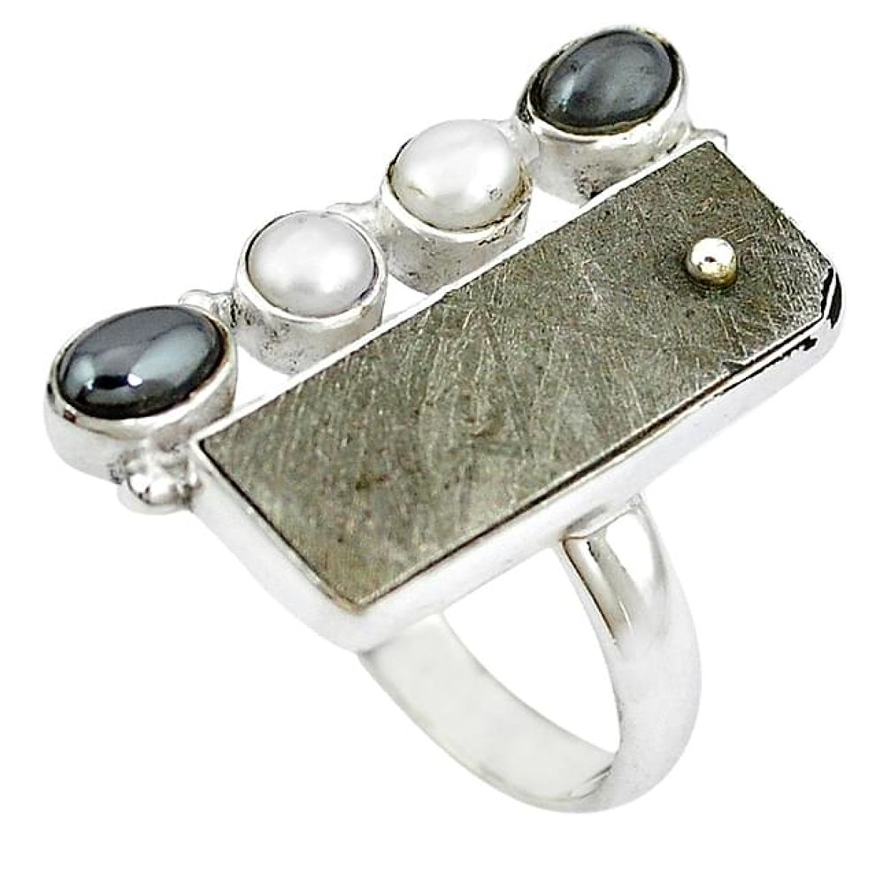 925 sterling silver natural grey meteorite gun metal pearl ring size 6.5 k40456