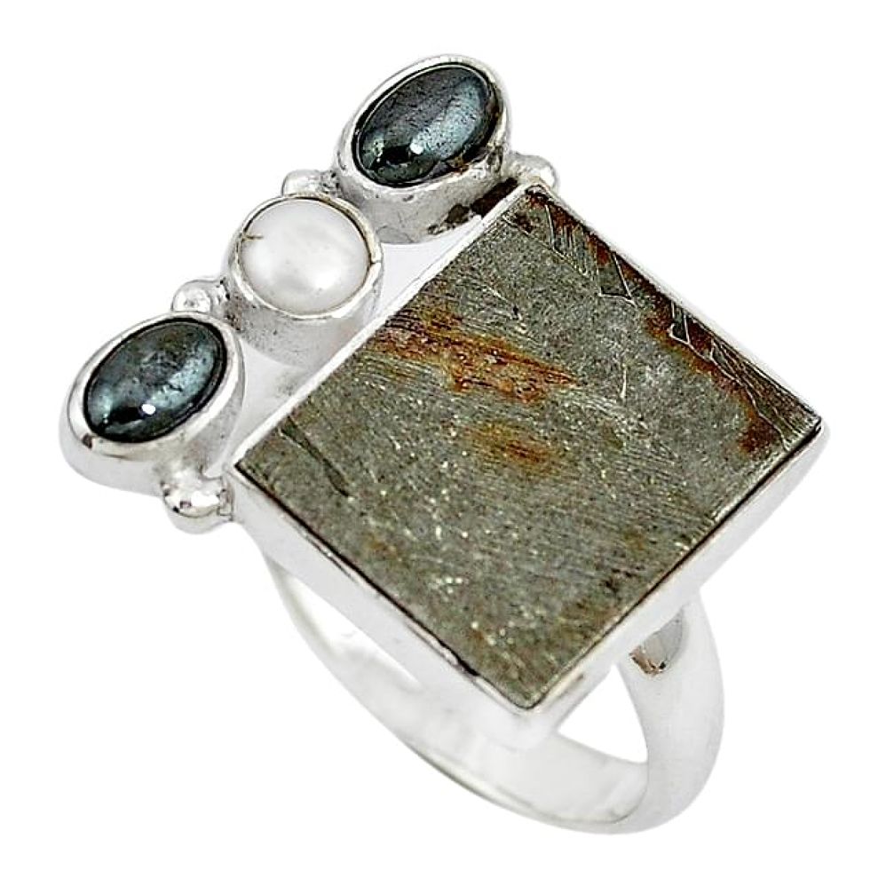 Natural grey meteorite gun metal 925 sterling silver ring size 8 k40459