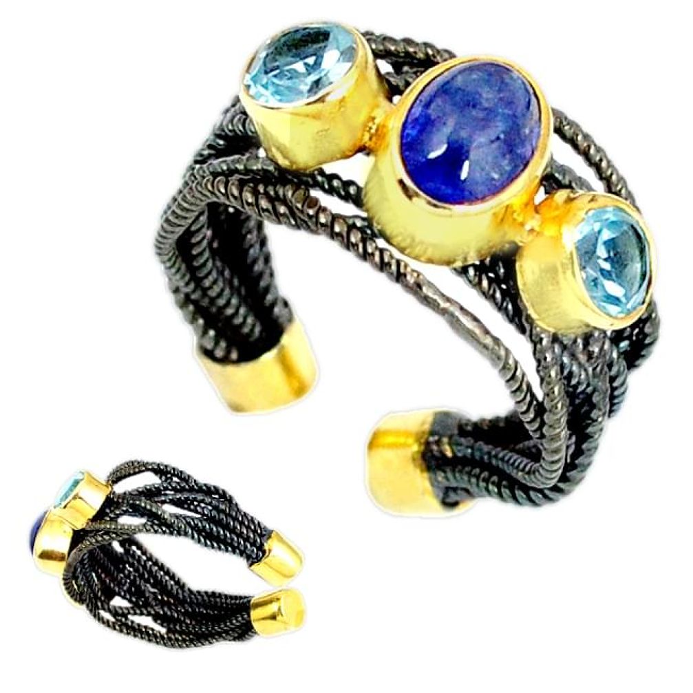 Blue iolite black rhodium 925 silver gold adjustable ring size 6.5 k41842