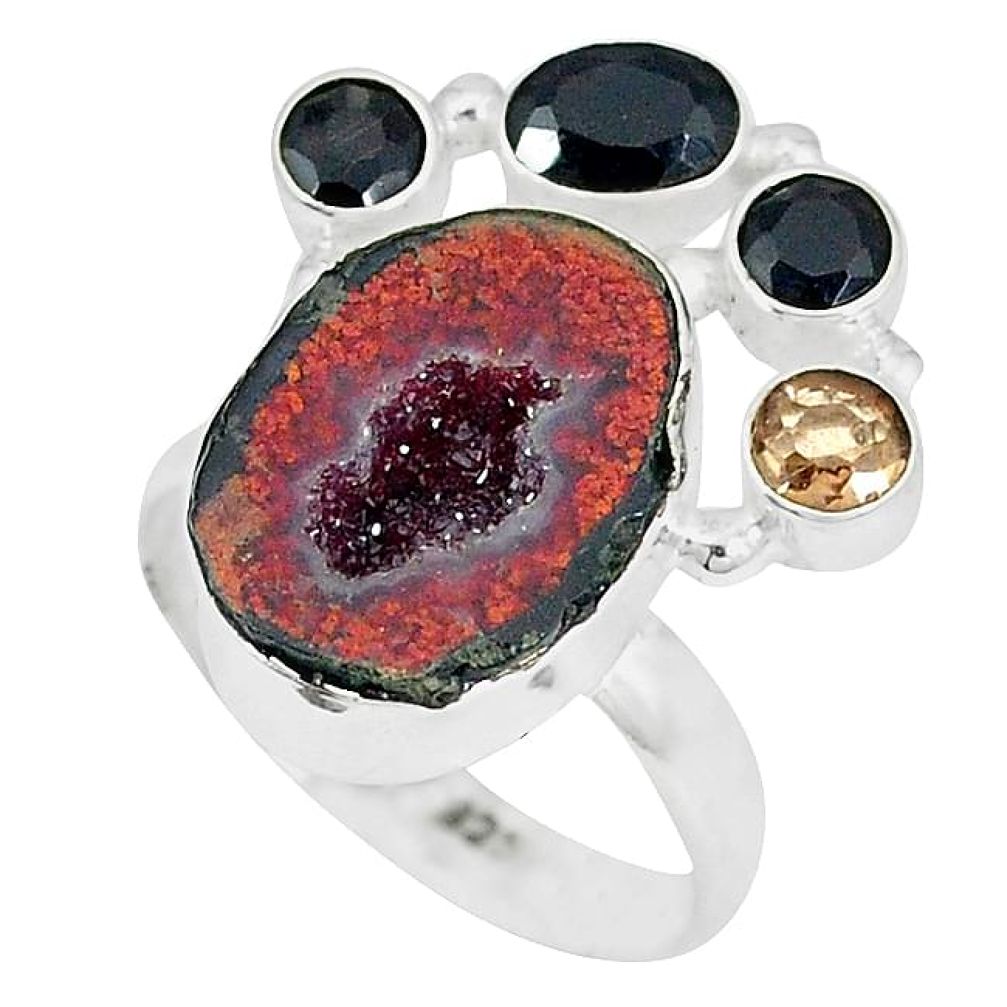 925 silver natural blue geode druzy brown smoky topaz ring jewelry size 8 k50016