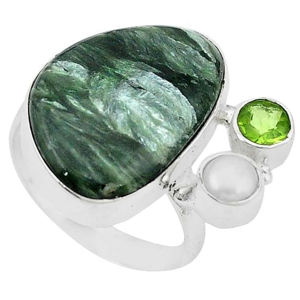 Natural green seraphinite (russian) peridot 925 silver ring size 8.5 k59444