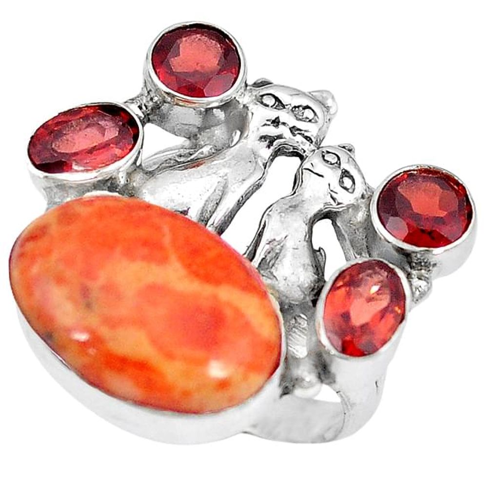 Red copper turquoise red garnet 925 silver two cats ring size 7 k61422