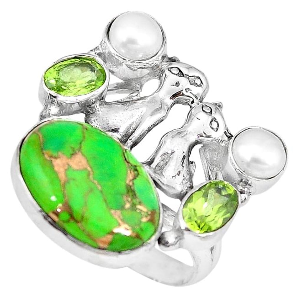 Green copper turquoise peridot 925 silver two cats ring size 7.5 k61427