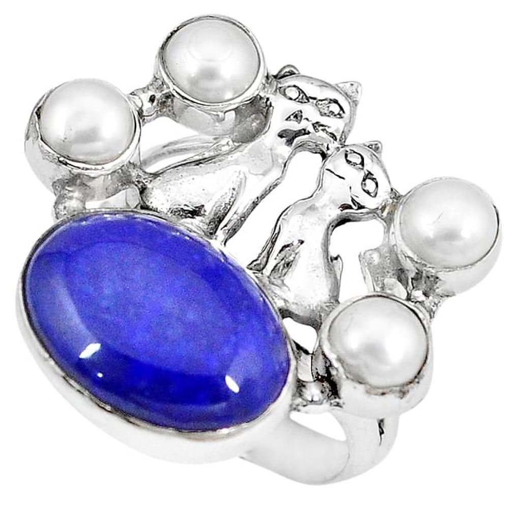 925 silver natural blue lapis lazuli white pearl two cats ring size 8 k61428