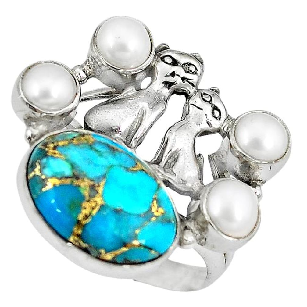 Blue copper turquoise white pearl 925 silver two cats ring size 9 k61437