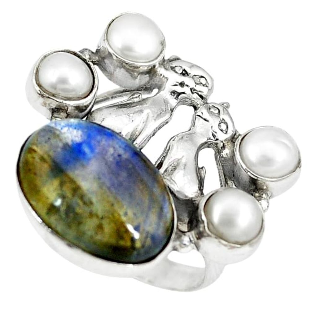 Natural blue labradorite white pearl 925 silver two cats ring size 7 k61440