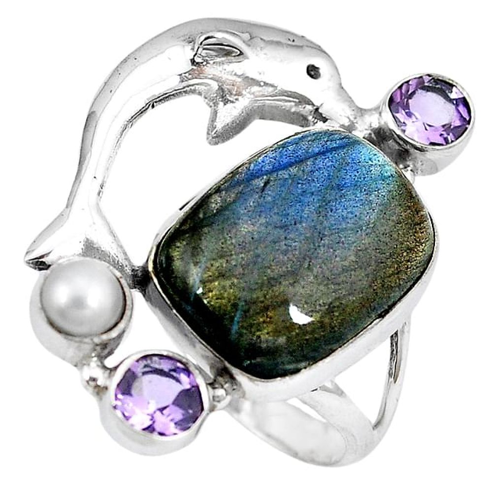 Clearance-925 silver natural blue labradorite purple amethyst dolphin ring size 7 k61459