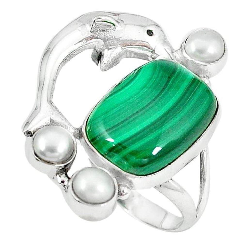 Clearance-Natural green malachite (pilot's stone) 925 silver dolphin ring size 7 k64950