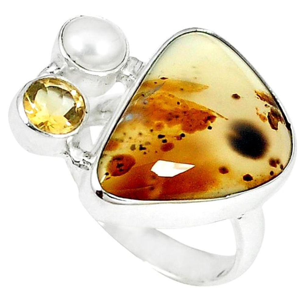 Natural scenic russian dendritic agate pearl 925 silver ring size 7 k65651