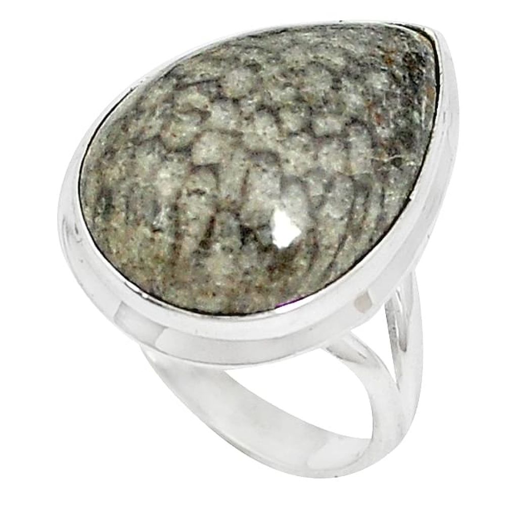 Clearance-Natural black stingray coral from alaska pear 925 silver ring size 8 k74994
