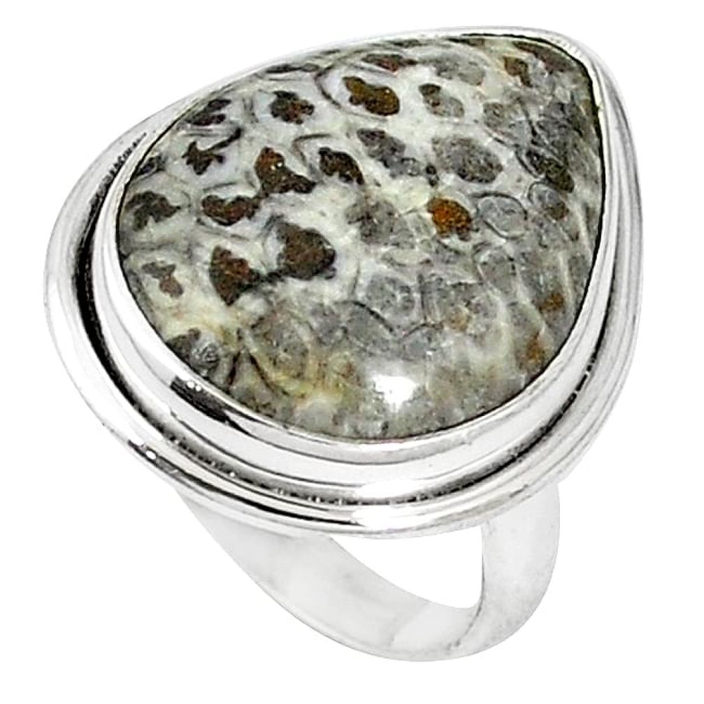 Clearance-Natural black stingray coral from alaska pear 925 silver ring size 6 k74998
