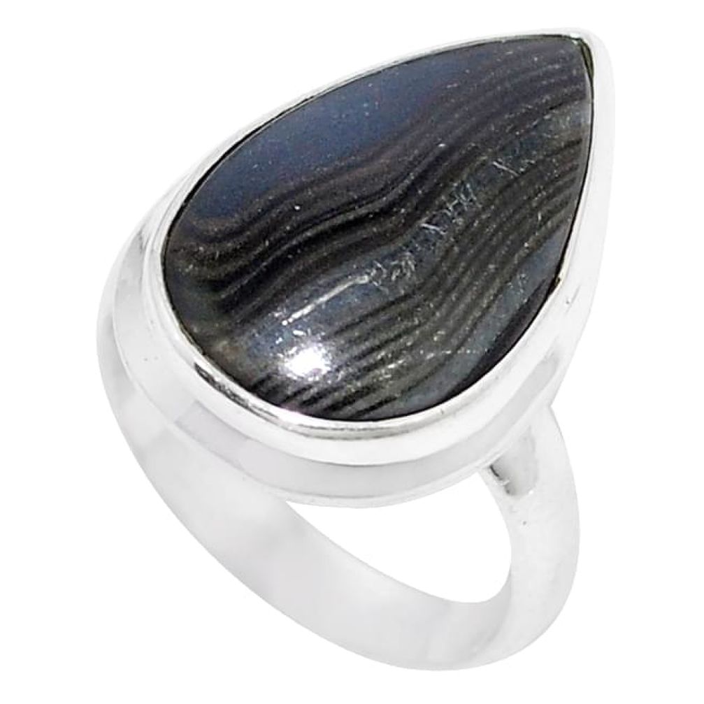 Clearance-Natural black psilomelane (crown of silver) pear 925 silver ring size 6.5 k75046