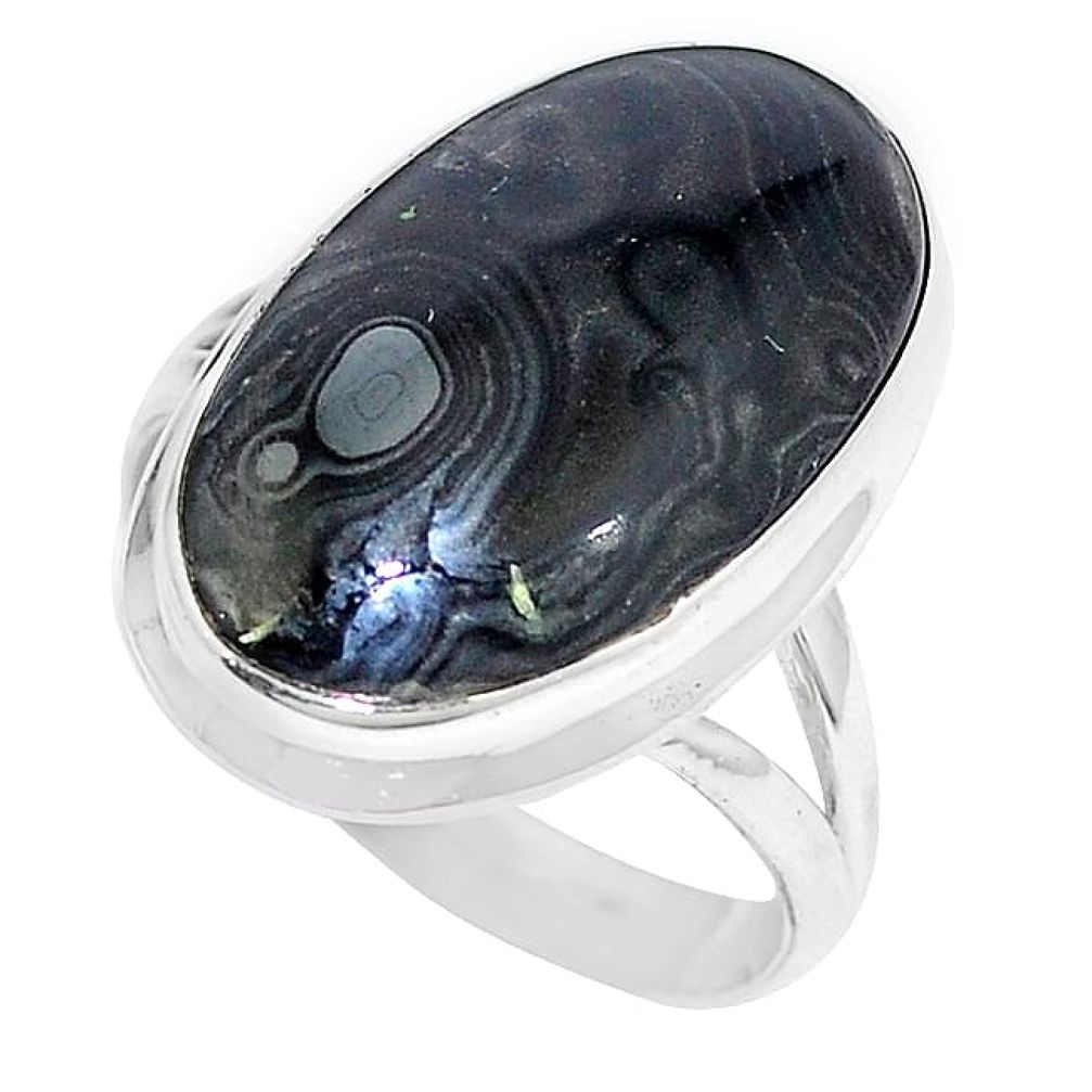 Natural black psilomelane (crown of silver) oval 925 silver ring size 9 k75051