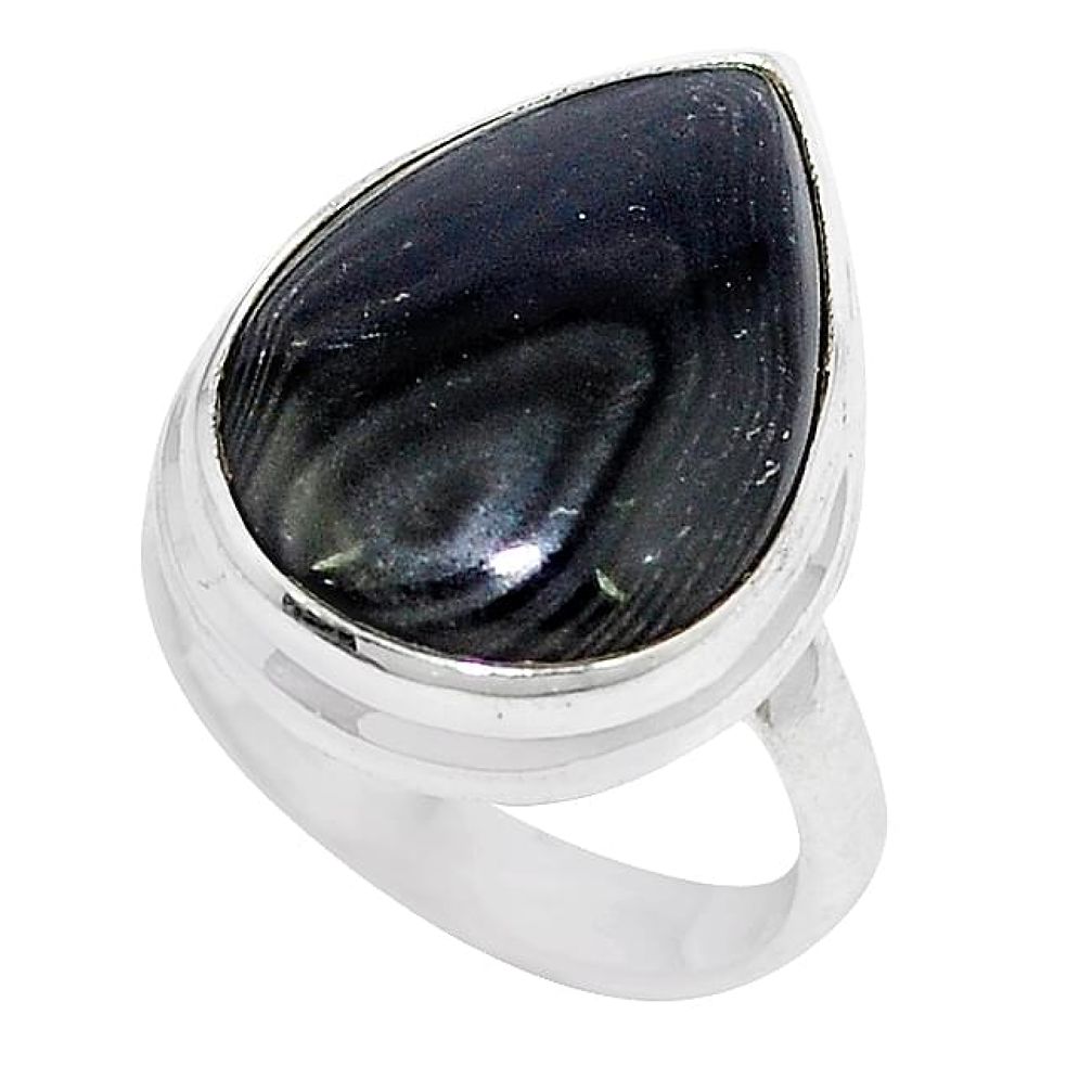 Clearance-925 silver natural black psilomelane (crown of silver) pear ring size 6 k75055