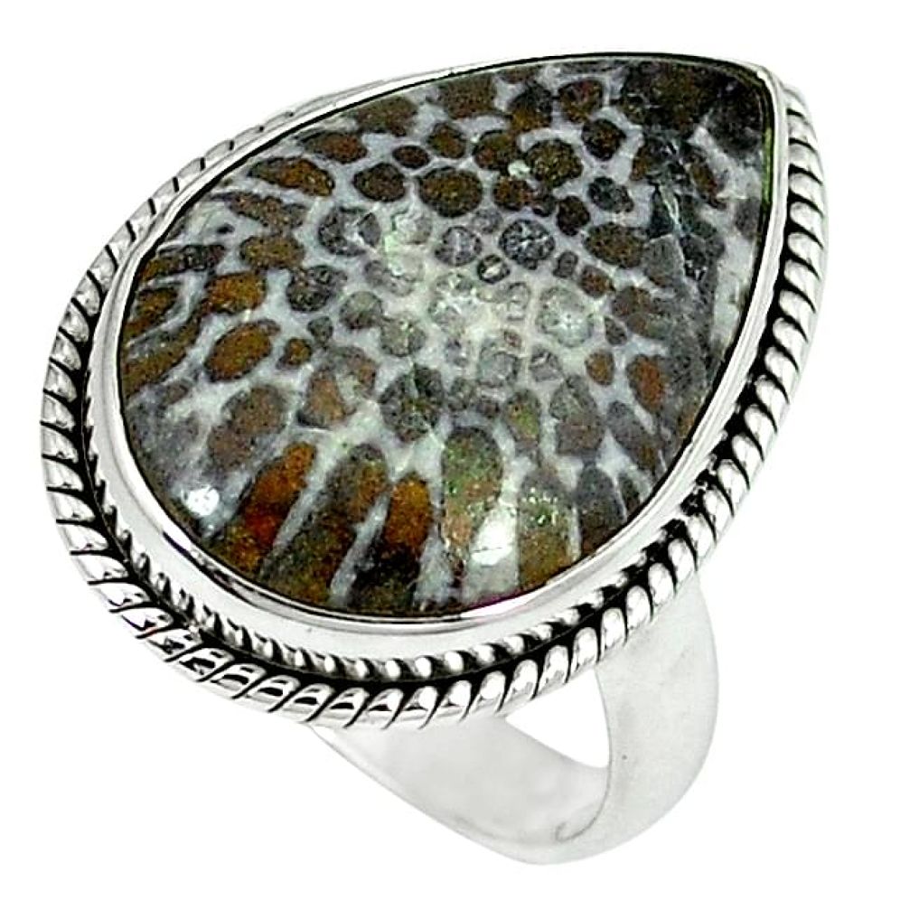 Clearance-Natural black stingray coral from alaska 925 silver ring size 7 k78641