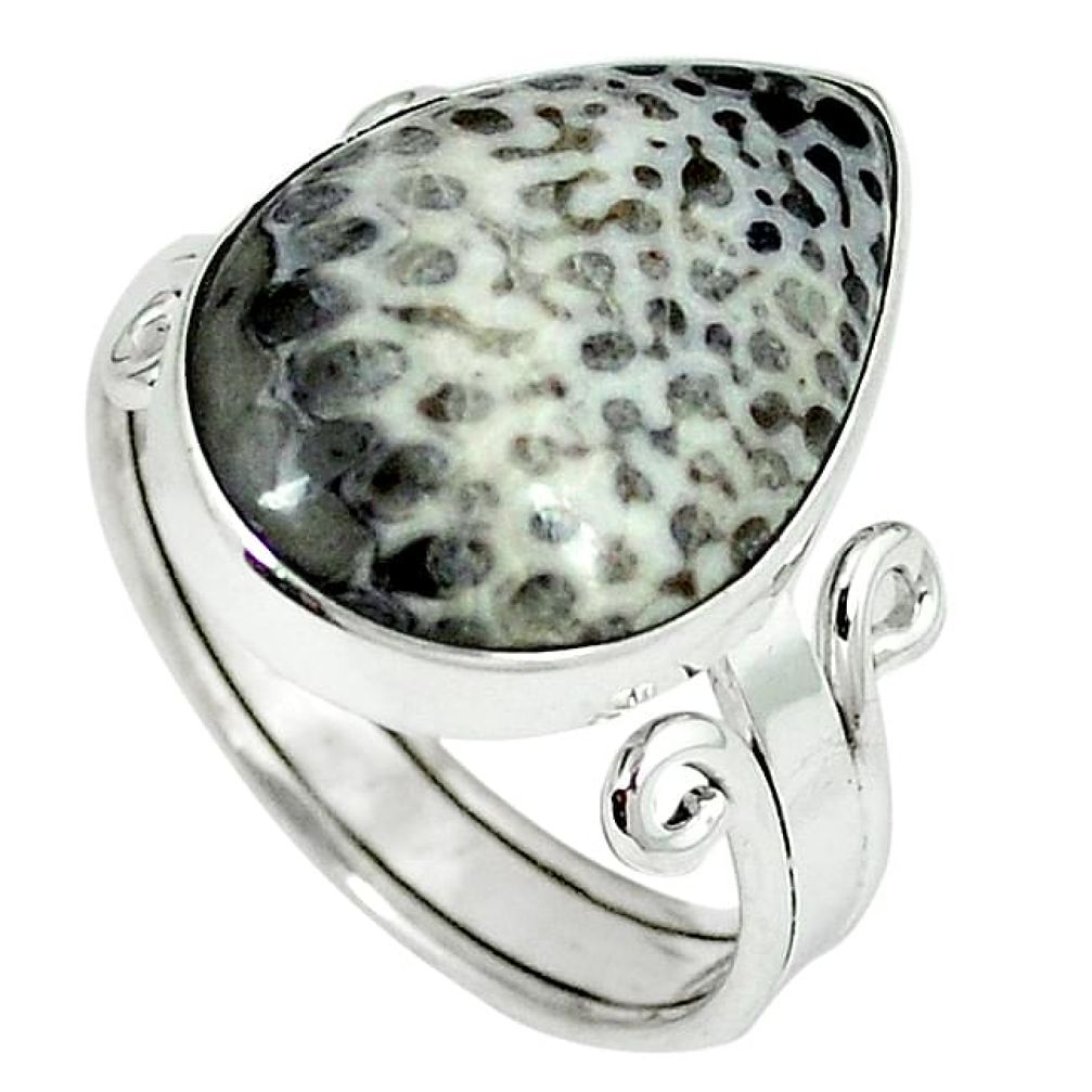 Clearance-925 silver natural black stingray coral from alaska pear ring size 9 k78643