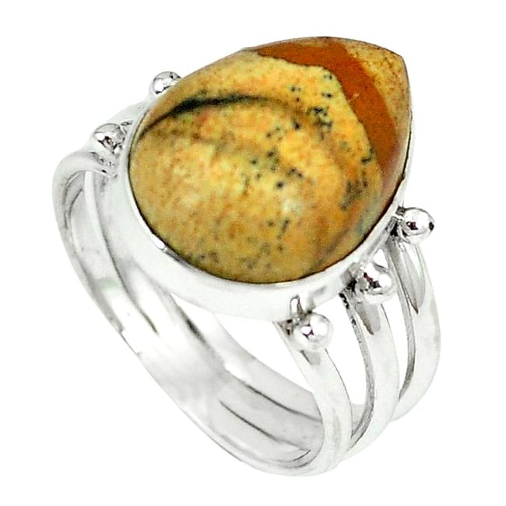 Clearance-925 sterling silver natural brown picture jasper pear ring size 8.5 k78688