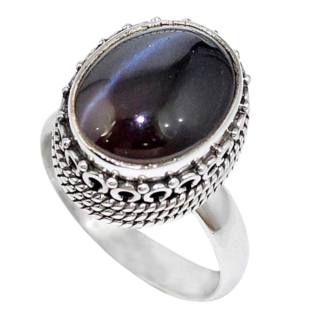 Natural black spectrolite cat's eye 925 silver ring jewelry size 7.5 k85096