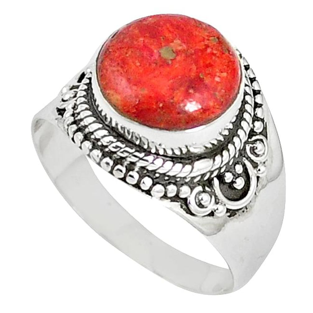 925 sterling silver natural red sponge coral round ring jewelry size 9 k87010