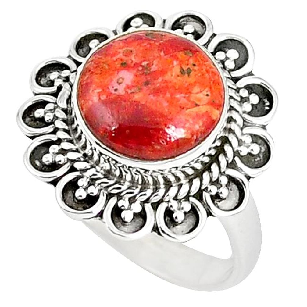 925 sterling silver natural red sponge coral round ring jewelry size 7 k87020