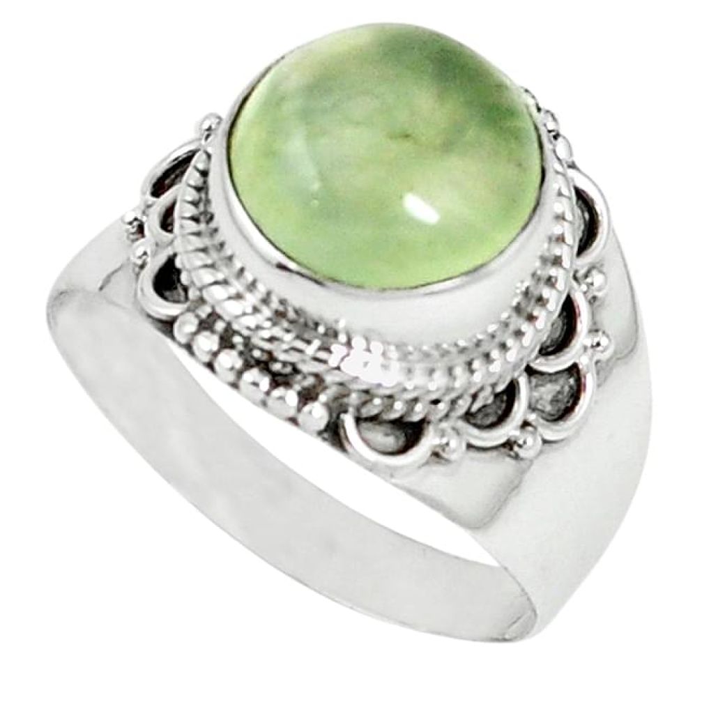 Natural green prehnite round 925 sterling silver ring jewelry size 8.5 k87023