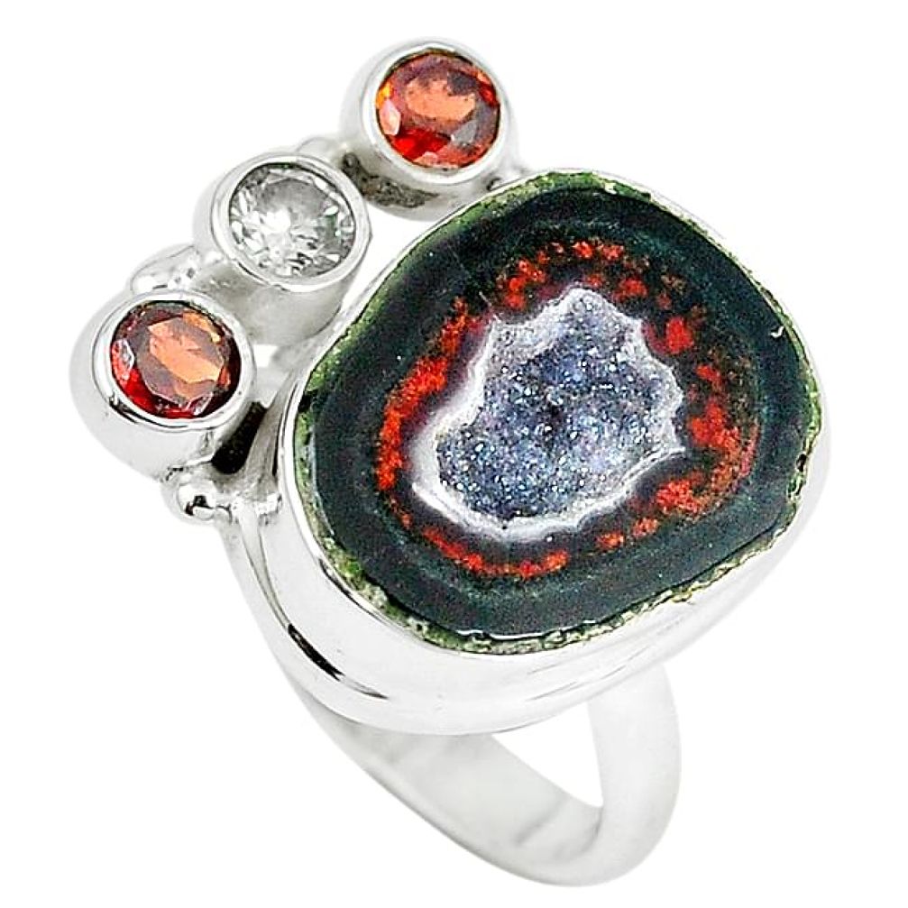 Natural brown geode druzy garnet topaz 925 silver ring jewelry size 7.5 k88161