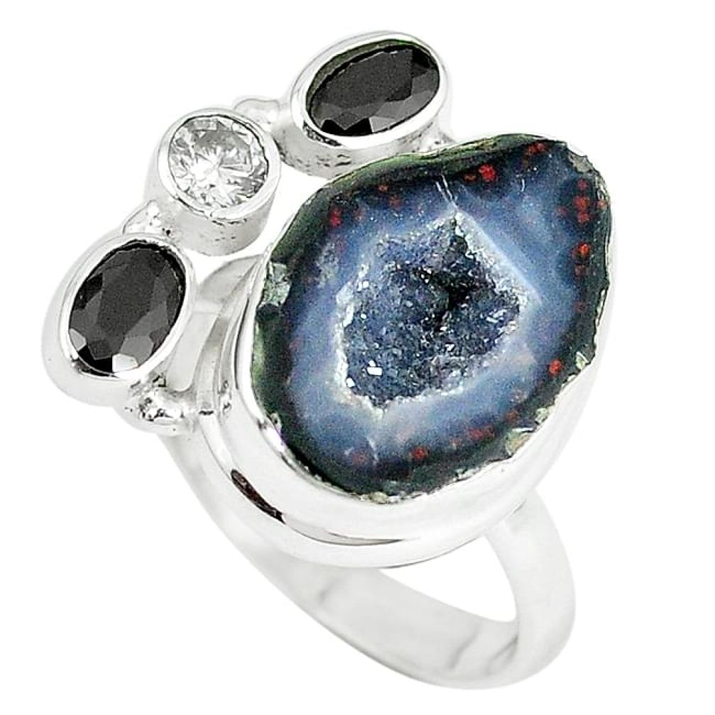Natural brown geode druzy onyx topaz 925 sterling silver ring size 9 k88162