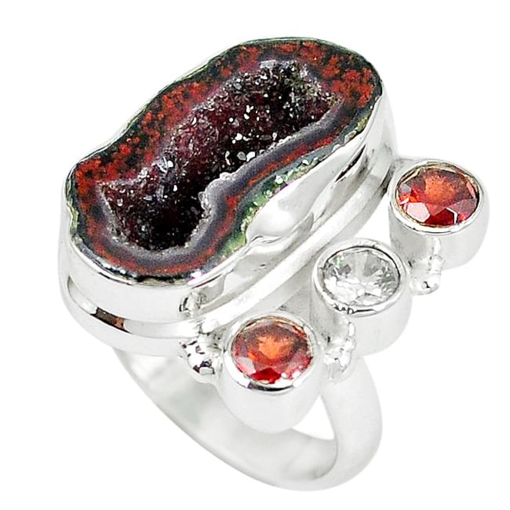 Natural brown geode druzy garnet topaz 925 sterling silver ring size 7 k88168