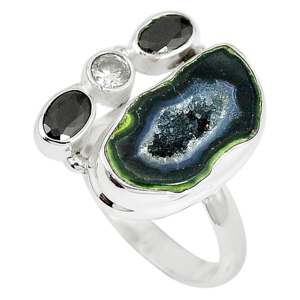 Natural brown geode druzy onyx topaz 925 sterling silver ring size 9 k88178