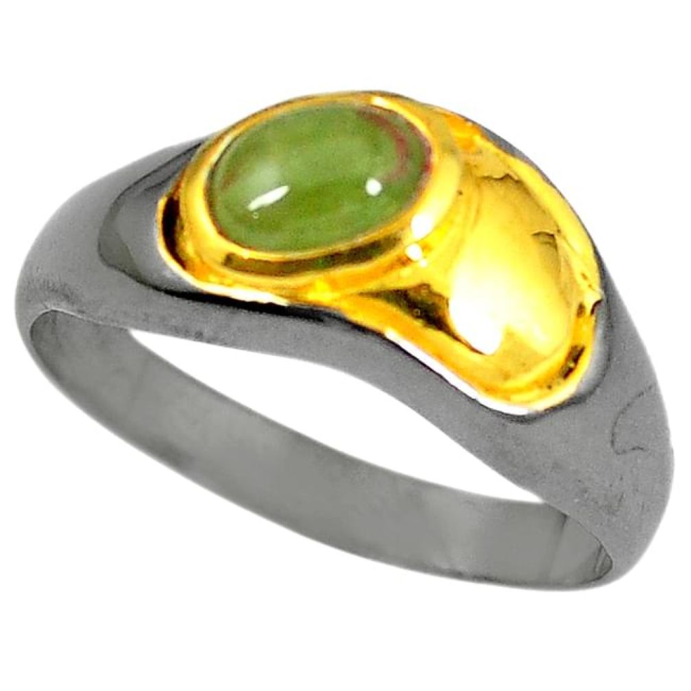 Natural green prehnite black rhodium 925 silver 14k gold ring size 10.5 k90141