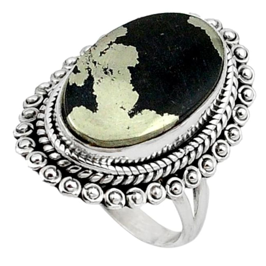 Natural golden pyrite in magnetite (healer's gold) 925 silver ring size 7 k92389