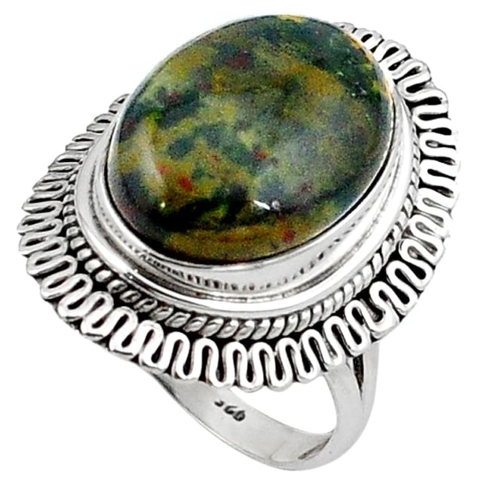 Natural green bloodstone african (heliotrope) 925 silver ring size 7.5 k92414
