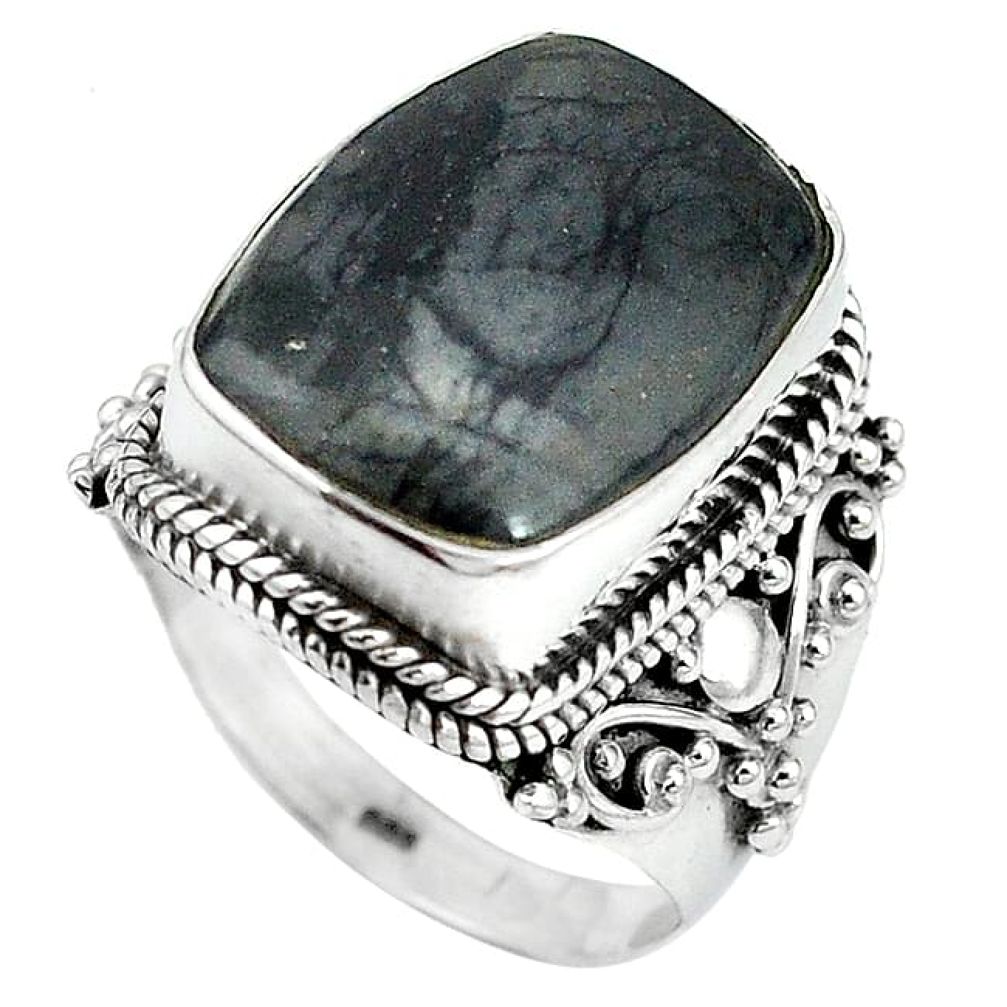 Natural black picasso jasper 925 sterling silver ring size 9 k92932