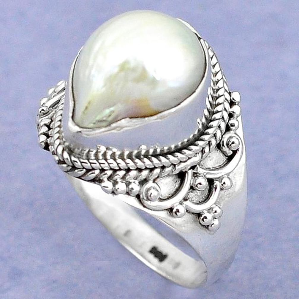 Natural white biwa pearl 925 sterling silver ring jewelry size 9 k92953