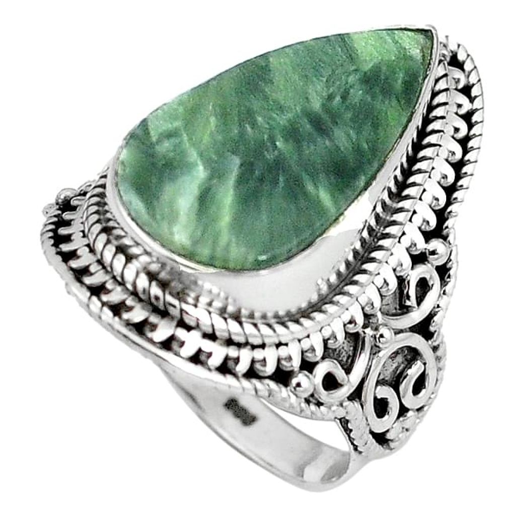 Natural green seraphinite (russian) pear 925 silver ring jewelry size 7.5 k93011